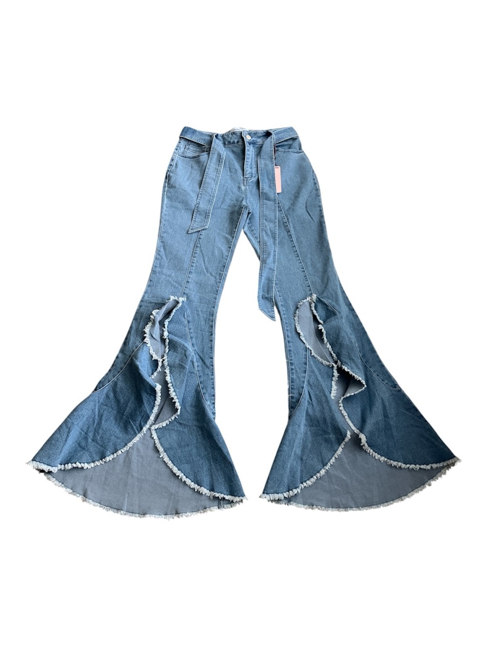 High-Waist Blue Flared Ruffle Hem Wide-Leg Jeans
